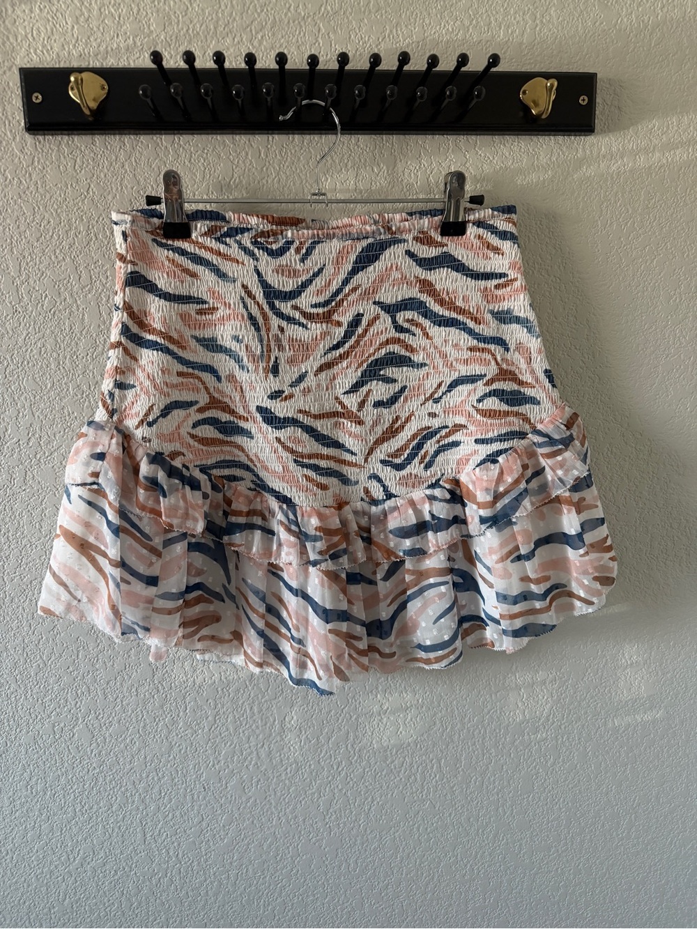 SAYLOR Abstract Wave Smocked Ruffle Mini Skirt in Navy, Pink & Tan
